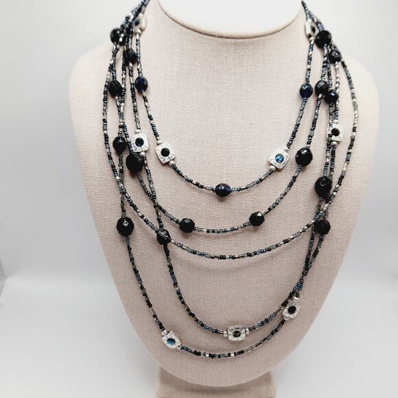 Chico’s Five Strand Beaded Necklace Blue Black Silver 20” Layered Sparkle - Picture 3 of 10